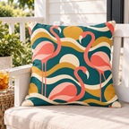 Teal retro flamingo outdoor pillow styled on a white porch bench