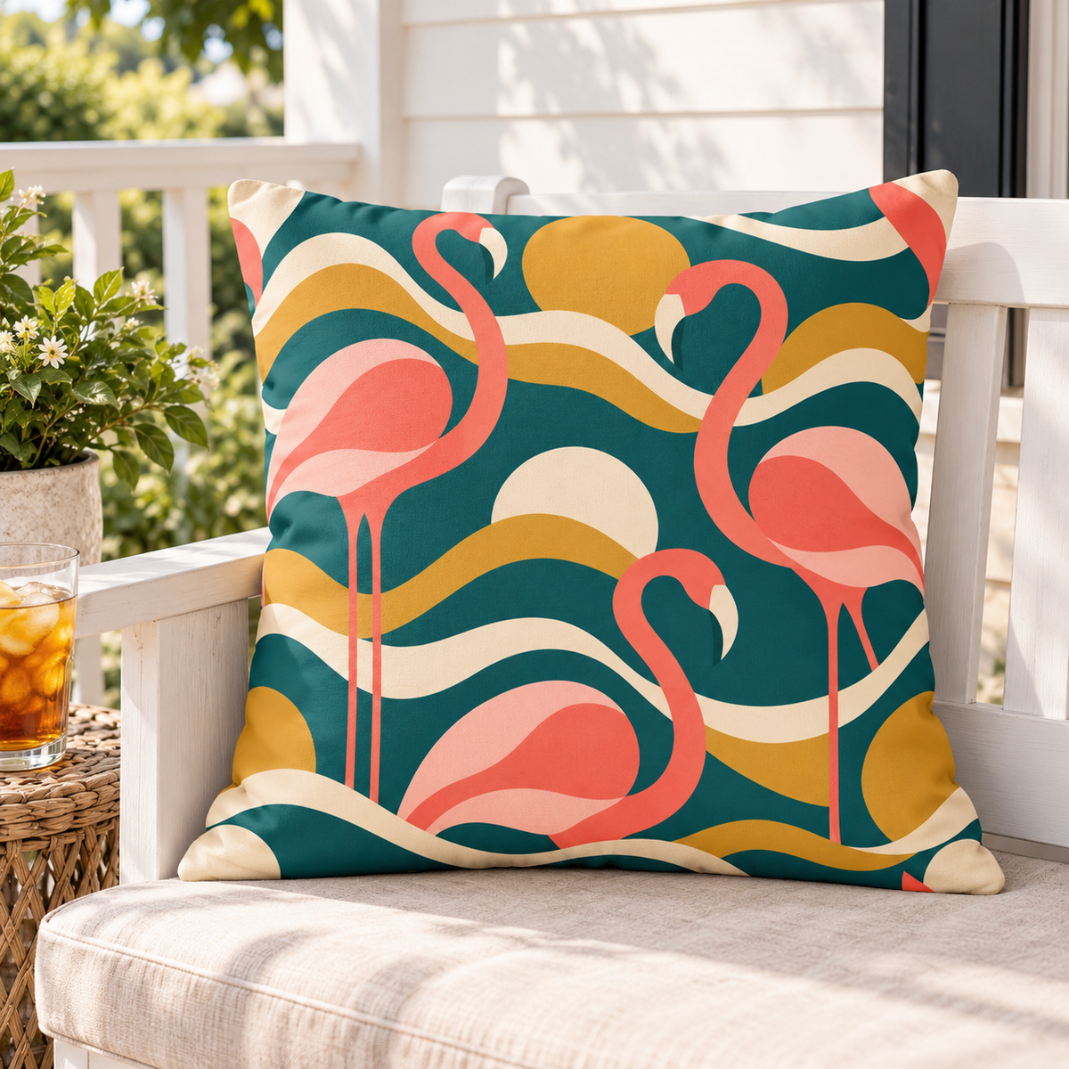 Teal retro flamingo outdoor pillow styled on a white porch bench