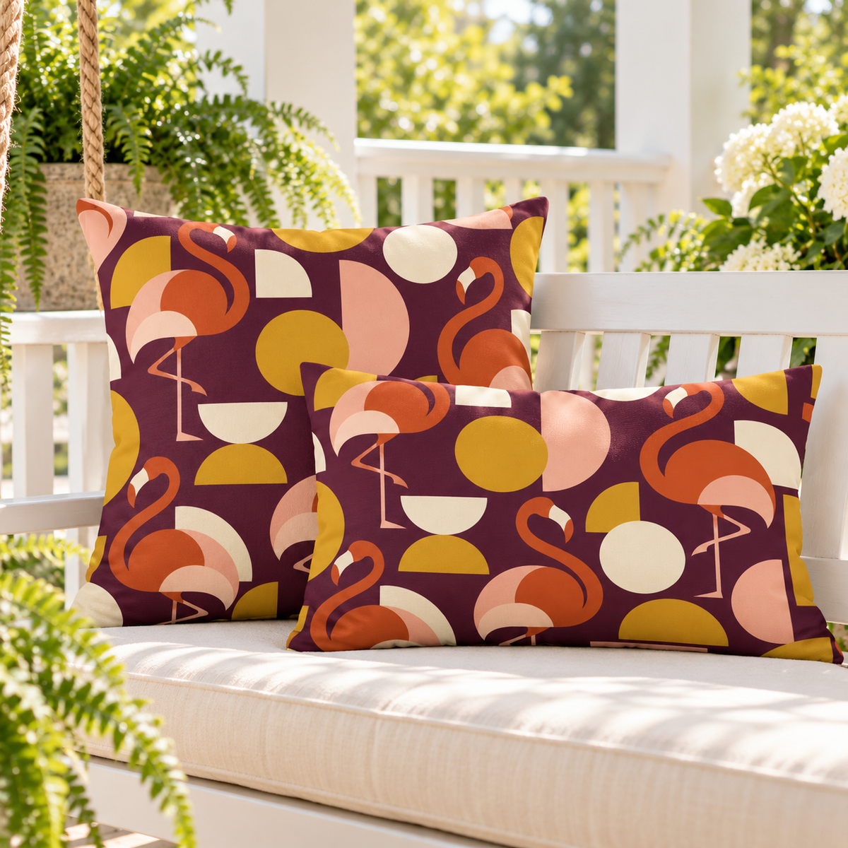 Plum mid-century flamingo outdoor pillow and outdoor lumbar pillow styled together as a set on a porch swing