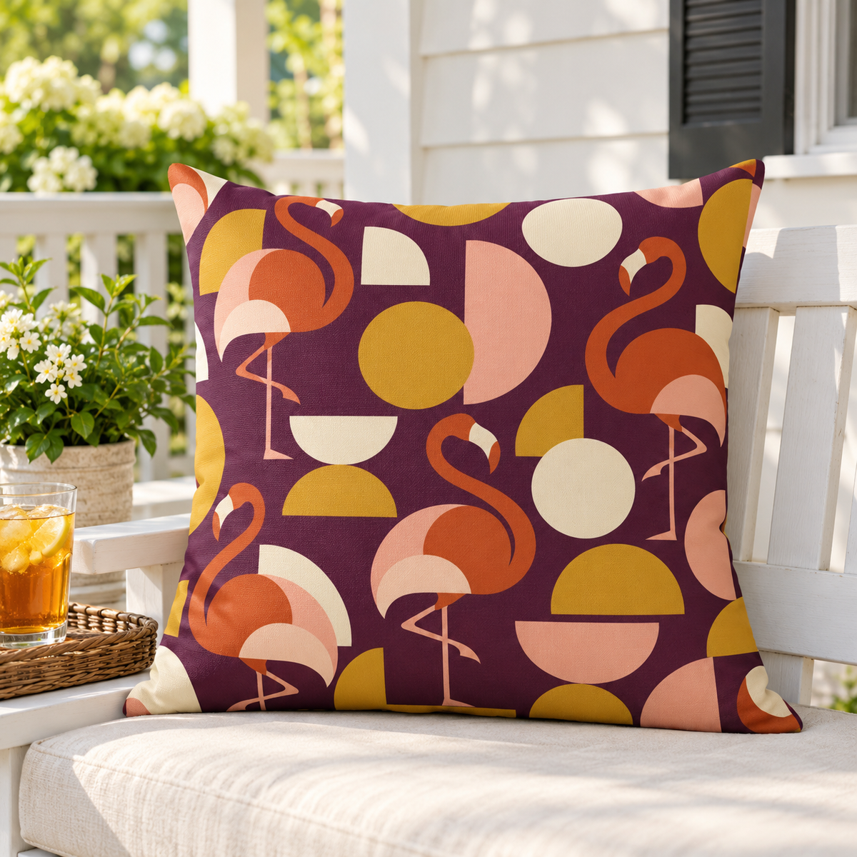 Plum mid-century flamingo outdoor pillow styled on a white porch bench