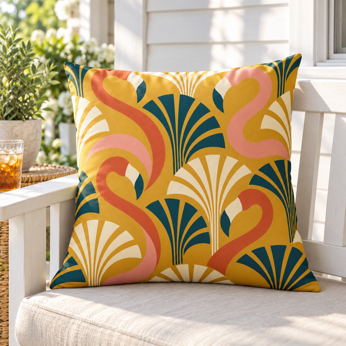 Mustard art deco flamingo outdoor pillow styled on a white porch bench