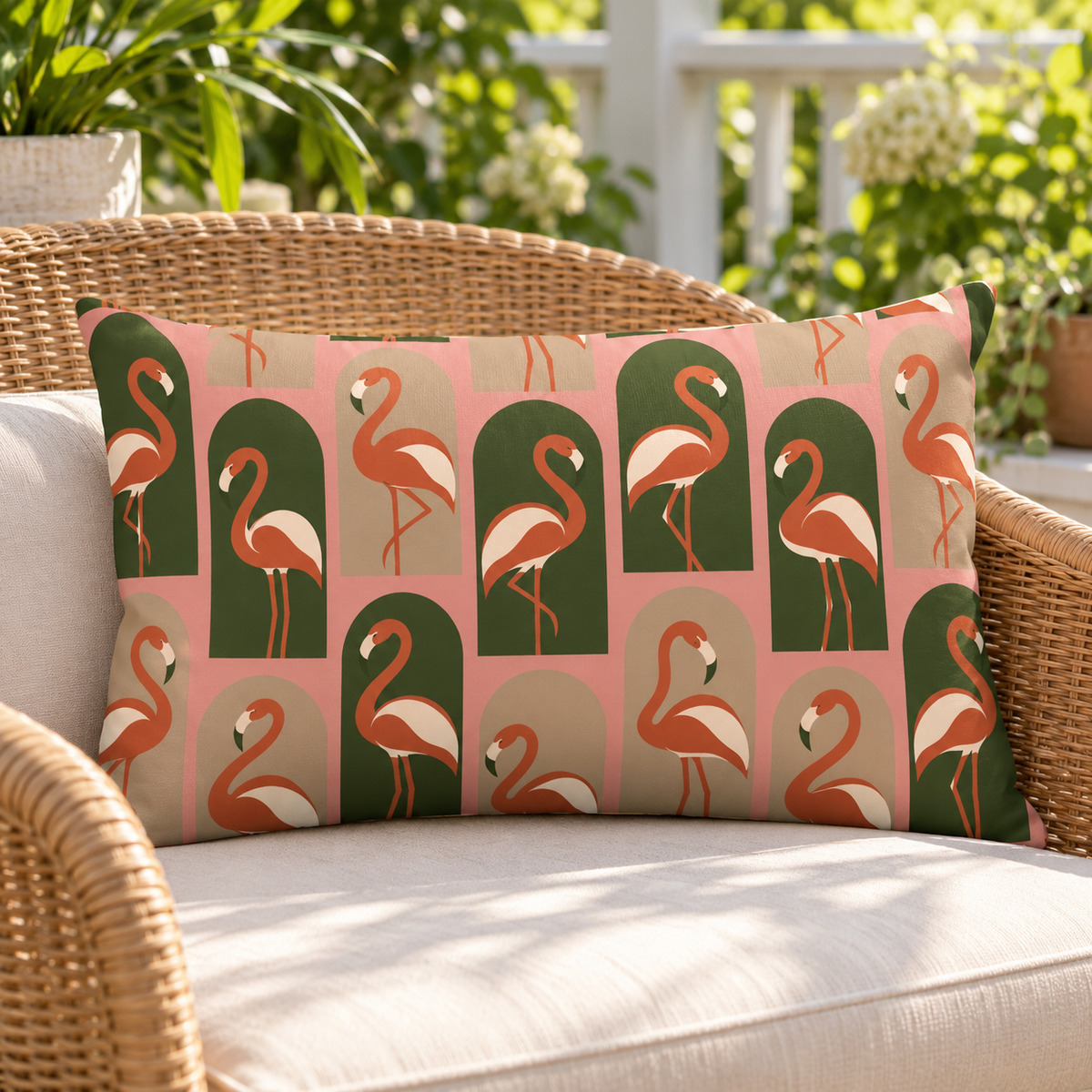 Blush flamingo arches outdoor lumbar pillow styled on a rattan lounge chair on a sunny deck