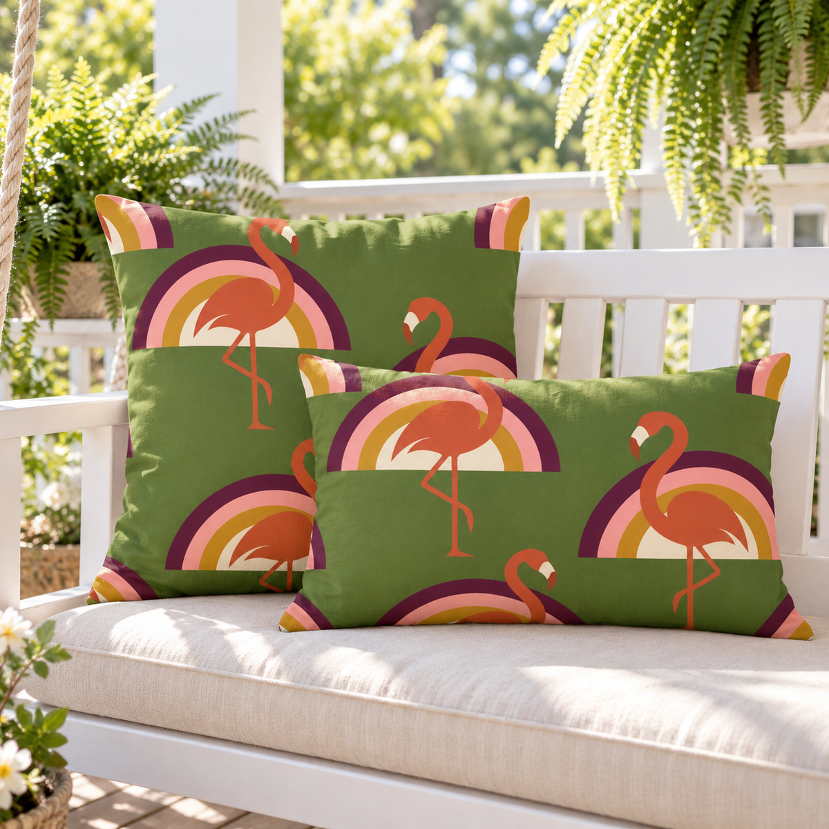 Olive retro rainbow flamingo outdoor pillow and outdoor lumbar pillow styled together as a set on a porch swing