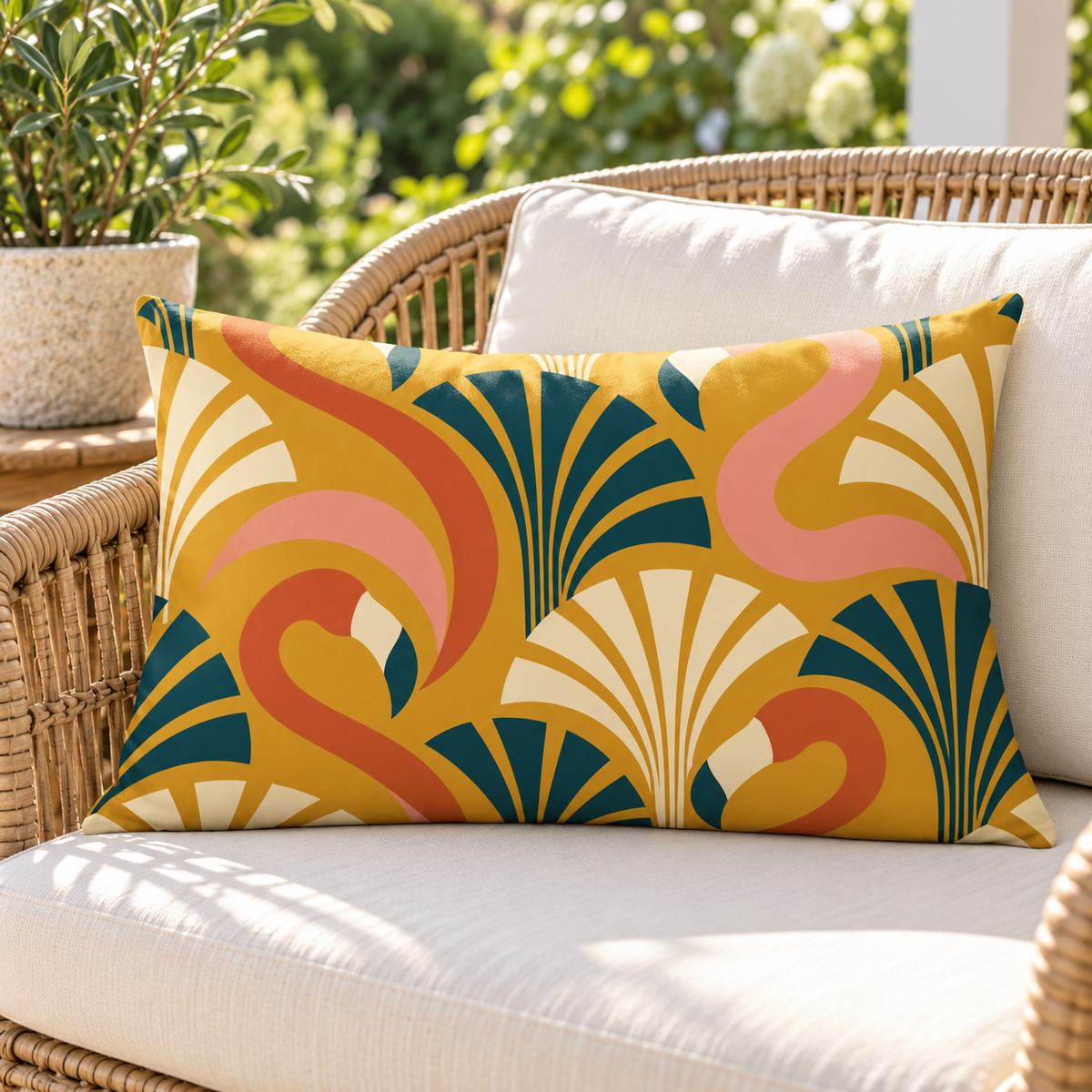 Mustard art deco flamingo outdoor lumbar pillow styled on a rattan lounge chair on a sunny deck