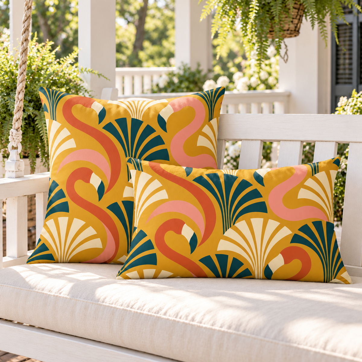 Mustard art deco flamingo outdoor pillow and outdoor lumbar pillow styled together as a set on a porch swing