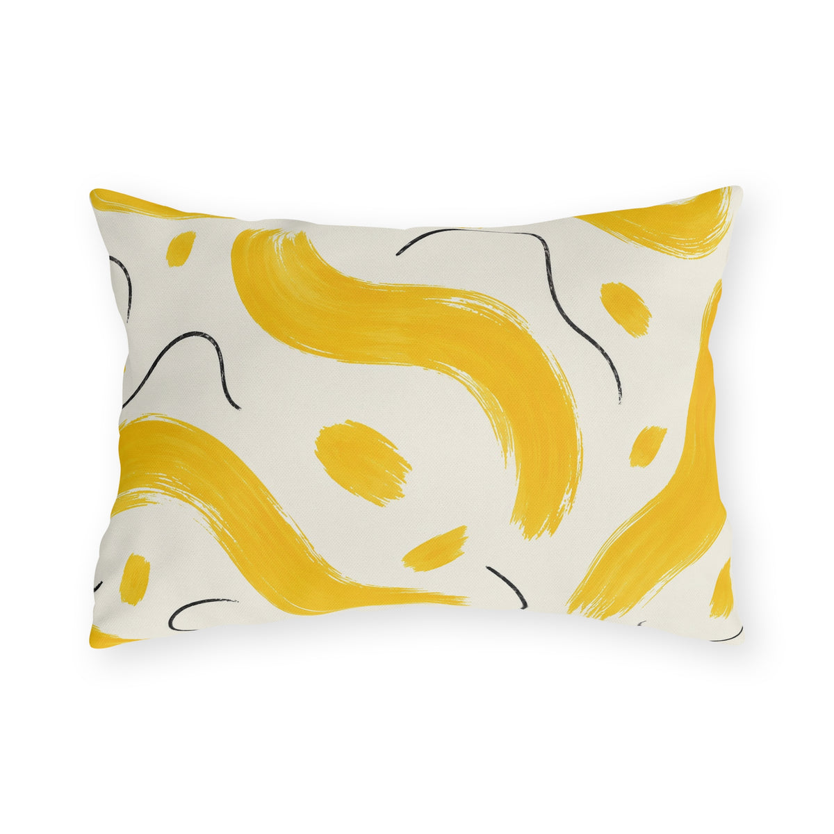 Modern yellow outdoor lumbar pillow with painted sunflower yellow waves and charcoal squiggles on cream