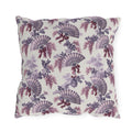 Purple outdoor pillow with lavender and plum French fans, wisteria and ribbons on cream