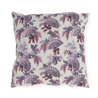 Purple outdoor pillow with lavender and plum French fans, wisteria and ribbons on cream