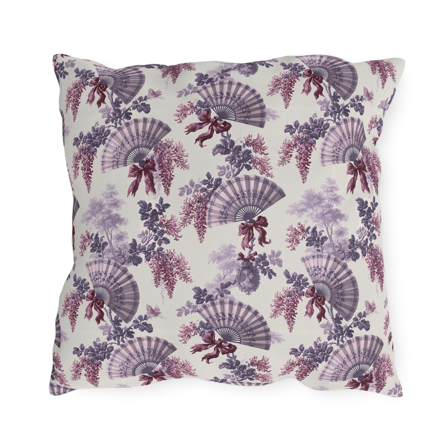 Lavender and plum French fans, wisteria and ribbons on cream outdoor pillow