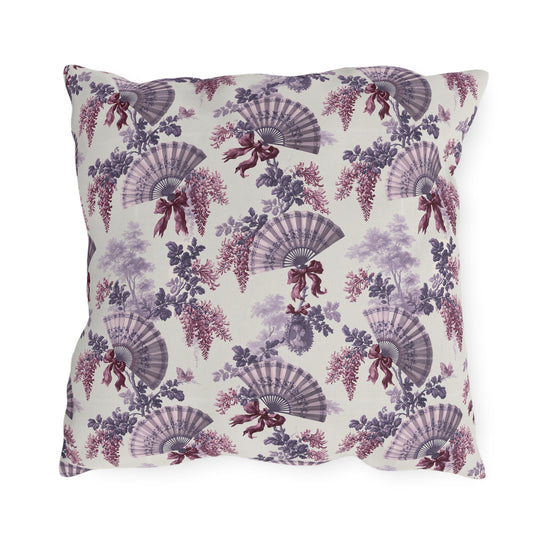 Lavender and plum French fans, wisteria and ribbons on cream outdoor pillow