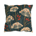 Cream cow parsley and red rosehips on a deep teal outdoor pillow
