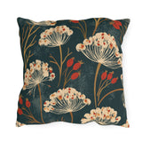 Cream cow parsley and red rosehips on a deep teal outdoor pillow