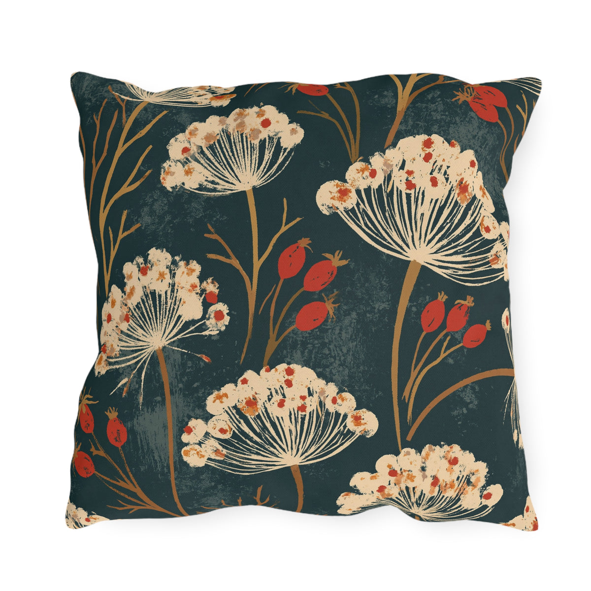 Cream cow parsley and red rosehips on a deep teal outdoor pillow