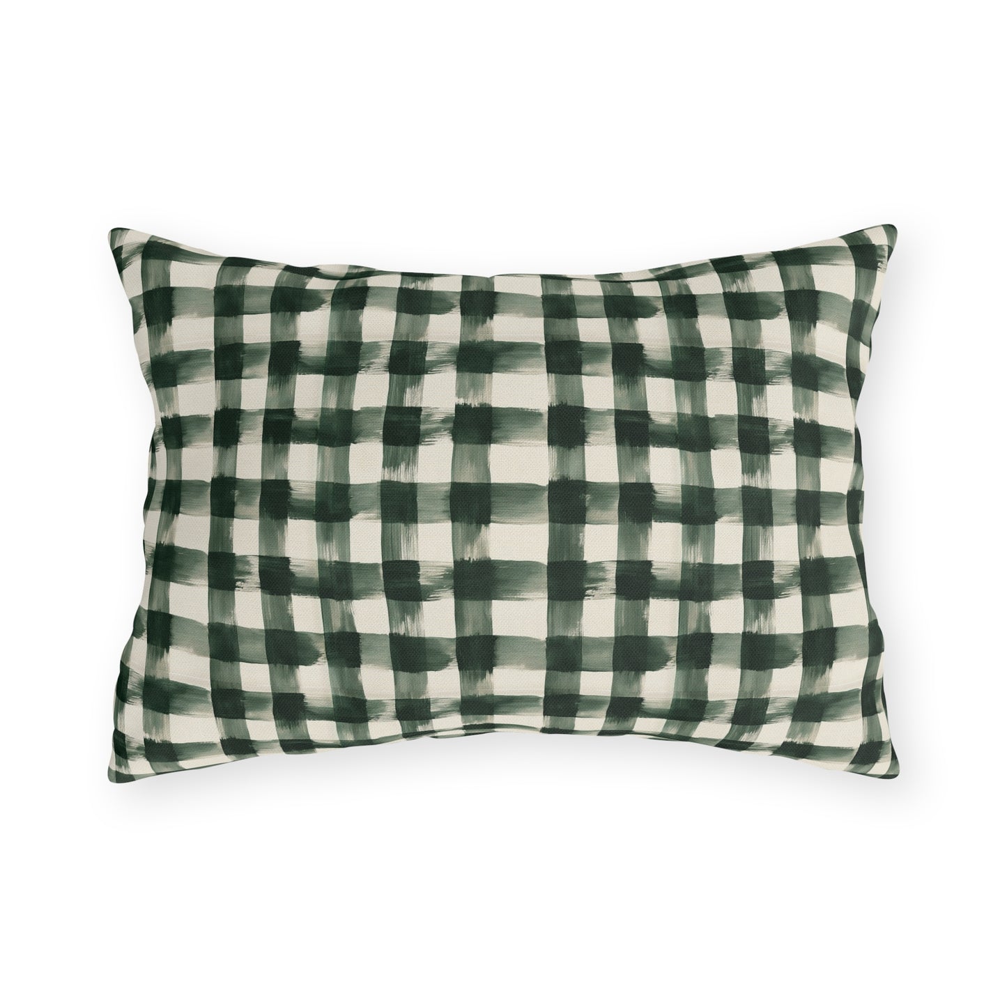 Hand-painted forest green gingham check on cream outdoor lumbar pillow