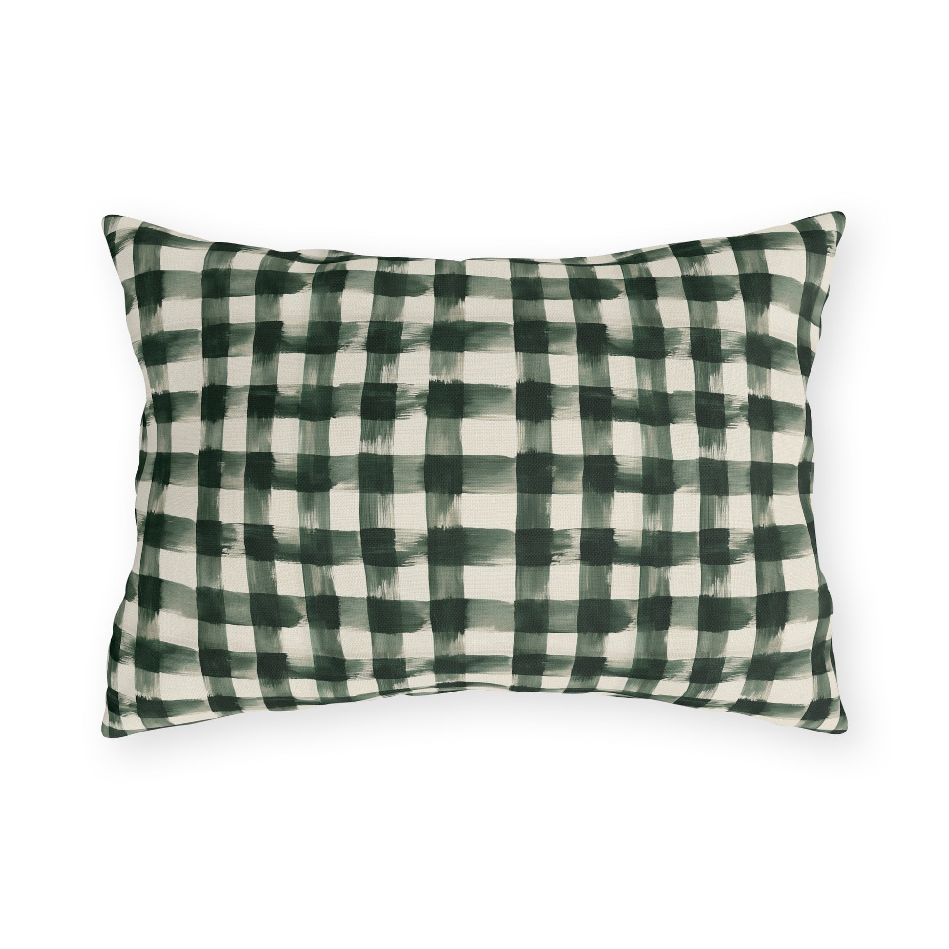 Hand-painted forest green gingham check on cream outdoor lumbar pillow