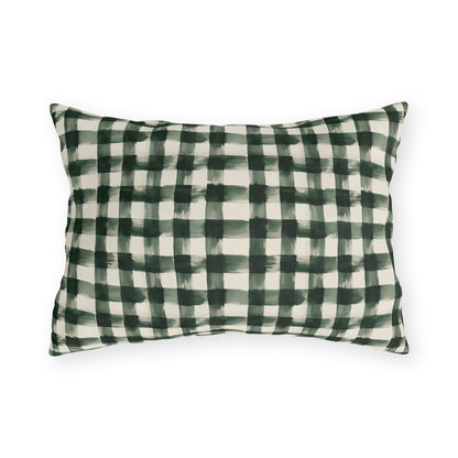 Hand-painted forest green gingham check on cream outdoor lumbar pillow