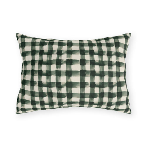 Hand-painted forest green gingham check on cream outdoor lumbar pillow