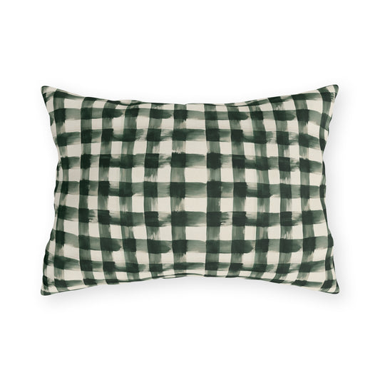 Hand-painted forest green gingham check on cream outdoor lumbar pillow