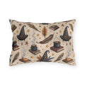 Witch hats, cauldrons, spell books and gold stars on parchment cream outdoor lumbar pillow