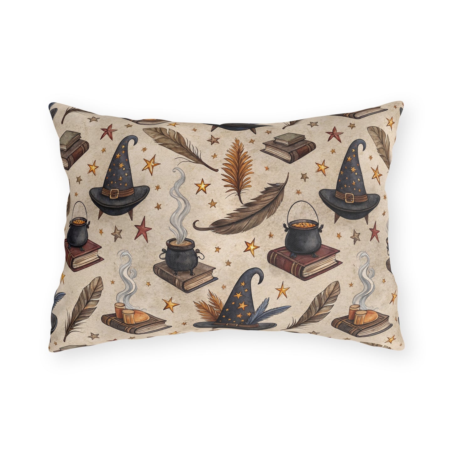 Witch hats, cauldrons, spell books and gold stars on parchment cream outdoor lumbar pillow