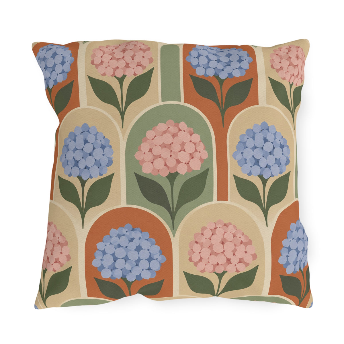 Retro hydrangea outdoor pillow with blue and pink hydrangeas inside terracotta, sage and cream arches