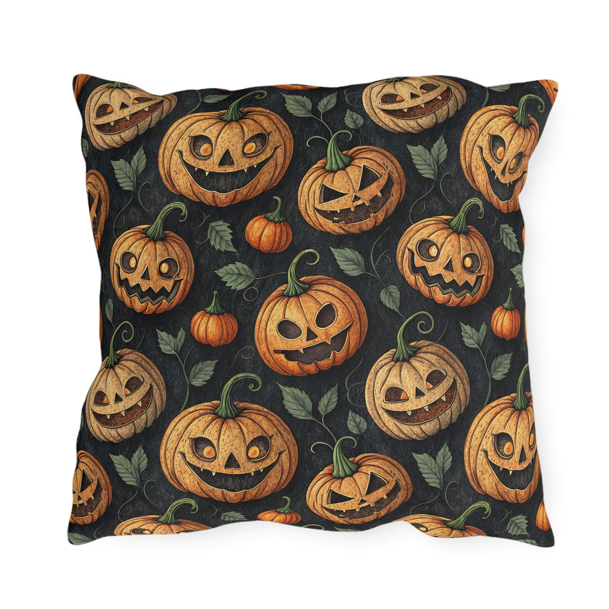 Carved jack-o-lantern pumpkins and vines on charcoal outdoor pillow