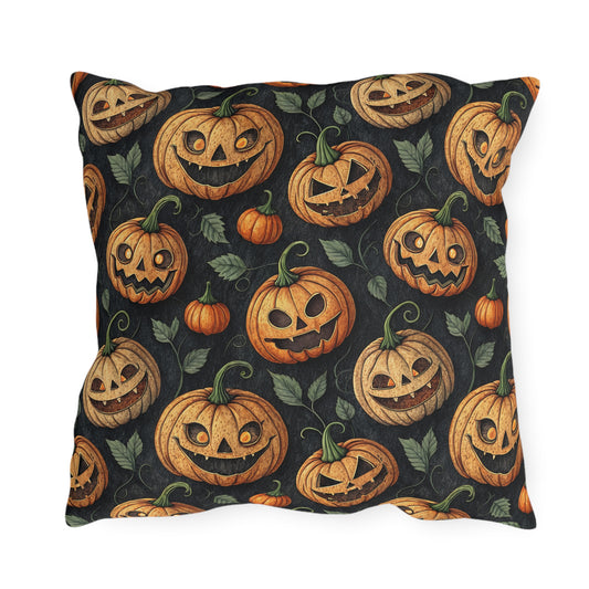 Carved jack-o-lantern pumpkins and vines on charcoal outdoor pillow