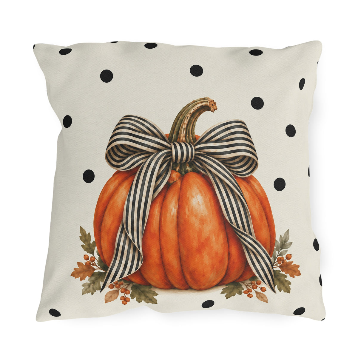 Orange pumpkin with a black and cream striped bow on a black polka dot outdoor pillow