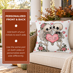 Skeleton bride and groom with roses and a pink heart carrying two initials