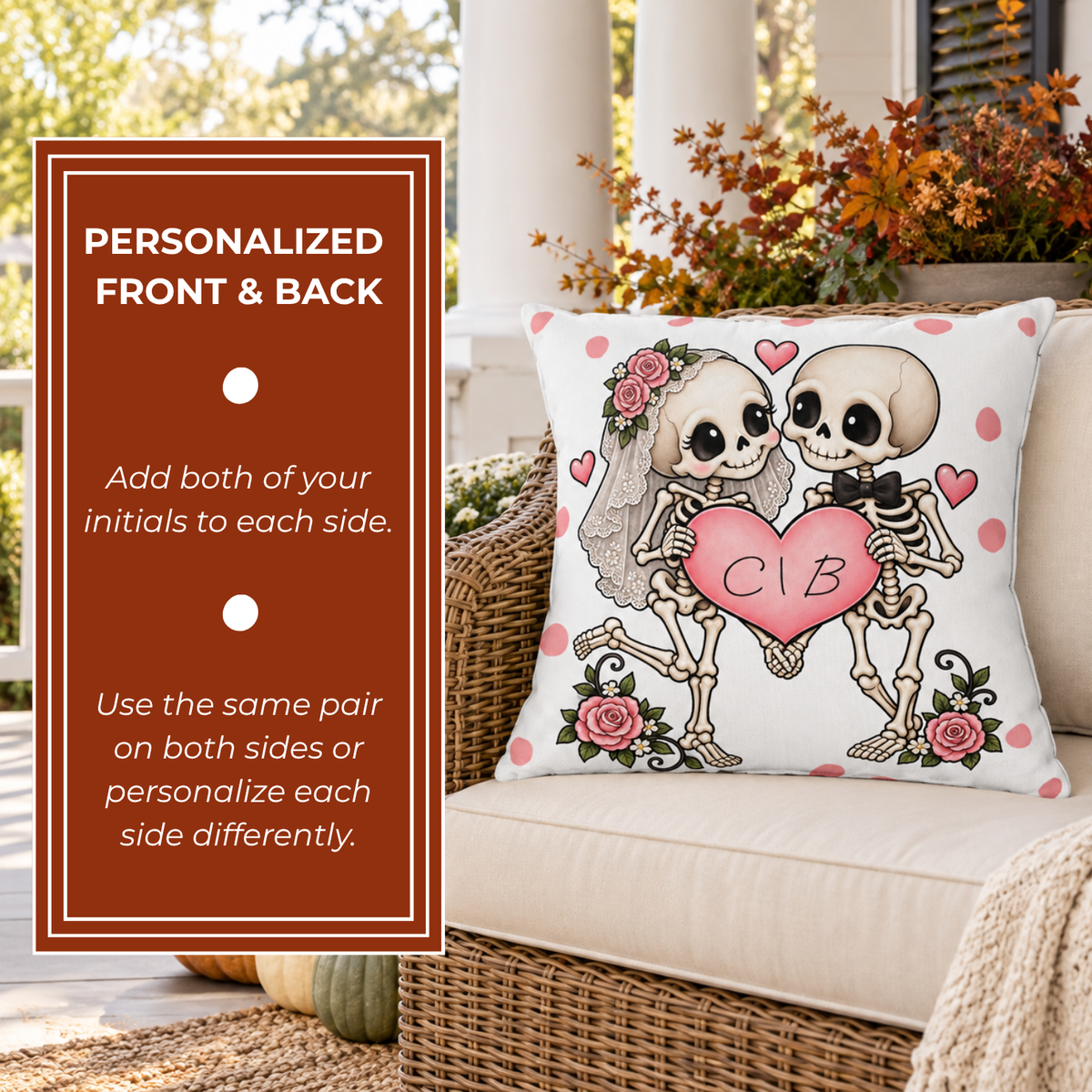 Skeleton bride and groom with roses and a pink heart carrying two initials