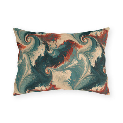Teal, cream and rust marbled swirl outdoor lumbar pillow