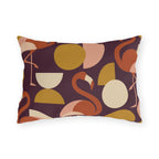 Mid-century flamingo outdoor lumbar pillow with coral flamingos and mustard circles on plum