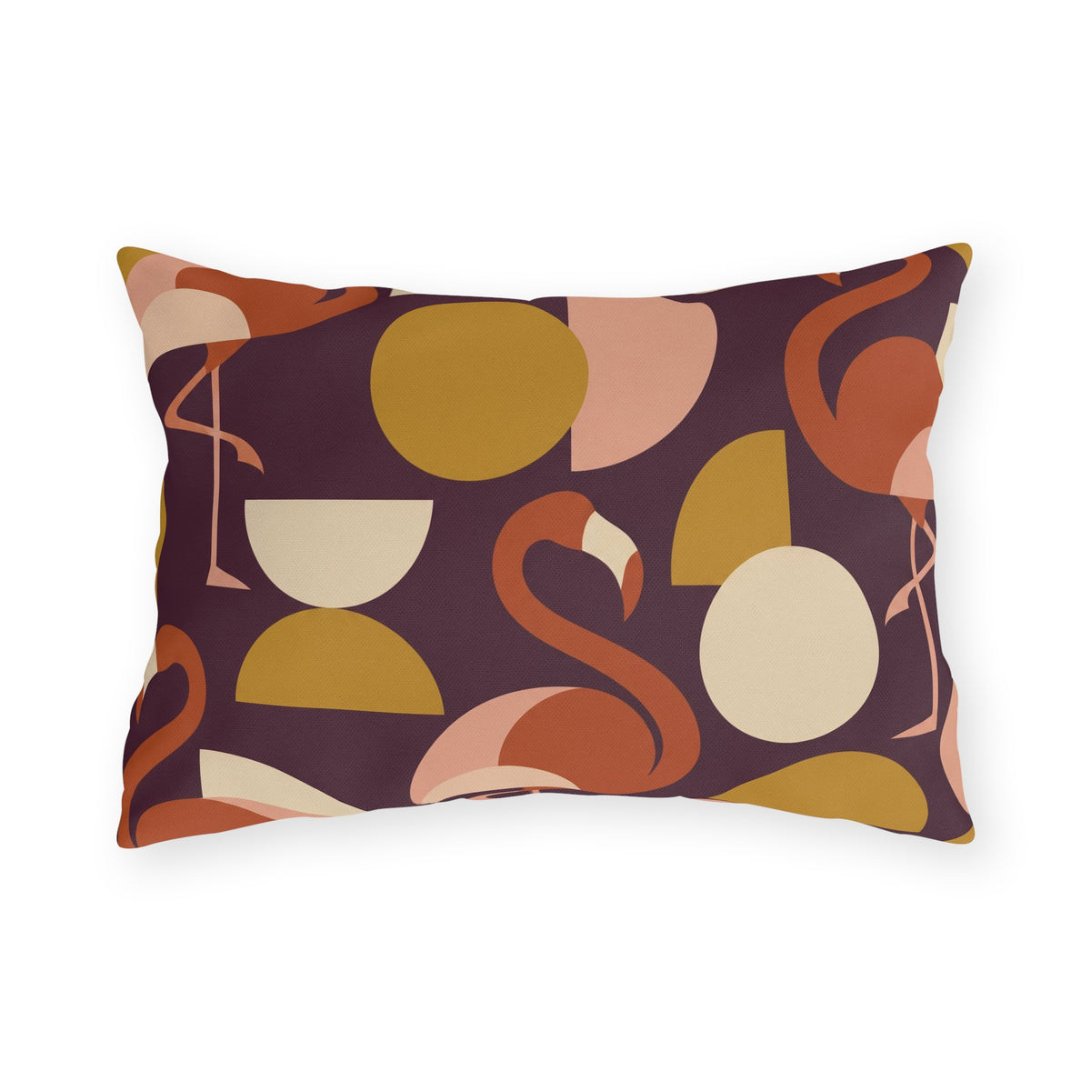 Mid-century flamingo outdoor lumbar pillow with coral flamingos and mustard circles on plum