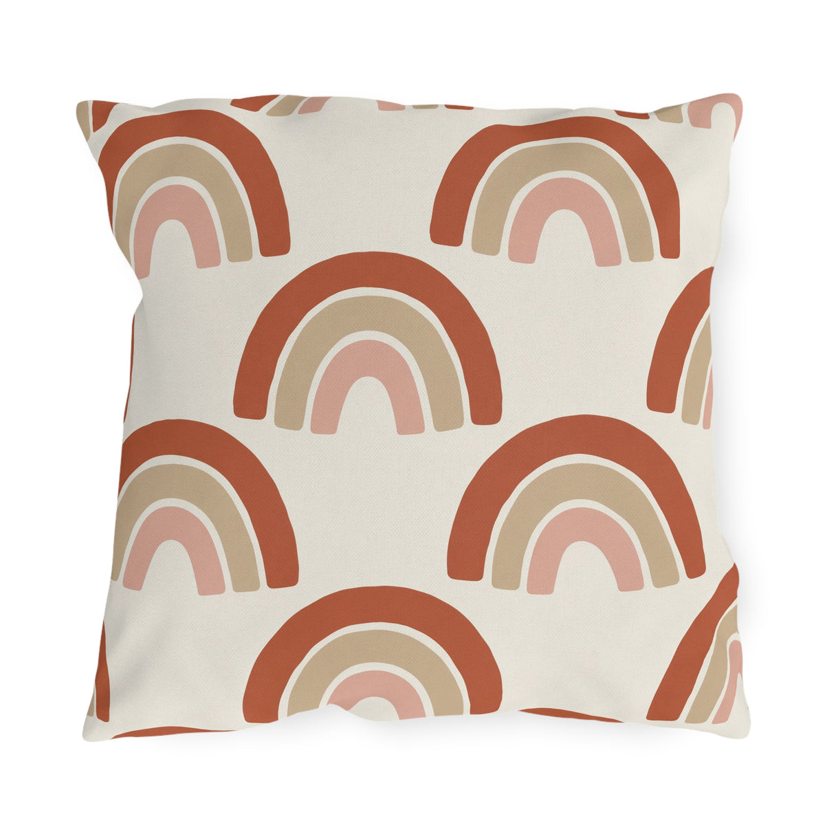 Boho outdoor pillow with terracotta, sand and blush rainbow arches on cream