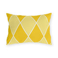 Yellow harlequin diamond outdoor lumbar pillow with sunny and butter yellow diamonds and white lines