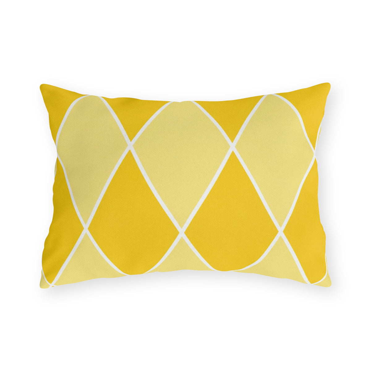 Yellow harlequin diamond outdoor lumbar pillow with sunny and butter yellow diamonds and white lines