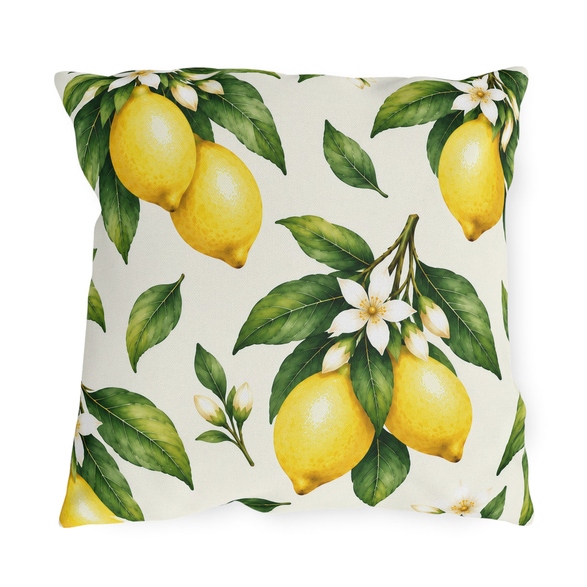 Watercolor lemon branches with leaves and white blossoms on a cream outdoor pillow