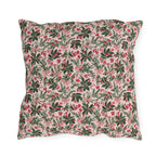 Holly, pine, red berries and pink bows on blush outdoor pillow