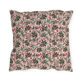 Holly, pine, red berries and pink bows on blush outdoor pillow