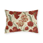 Deep red parrot tulips with sage leaves on a cream outdoor lumbar pillow