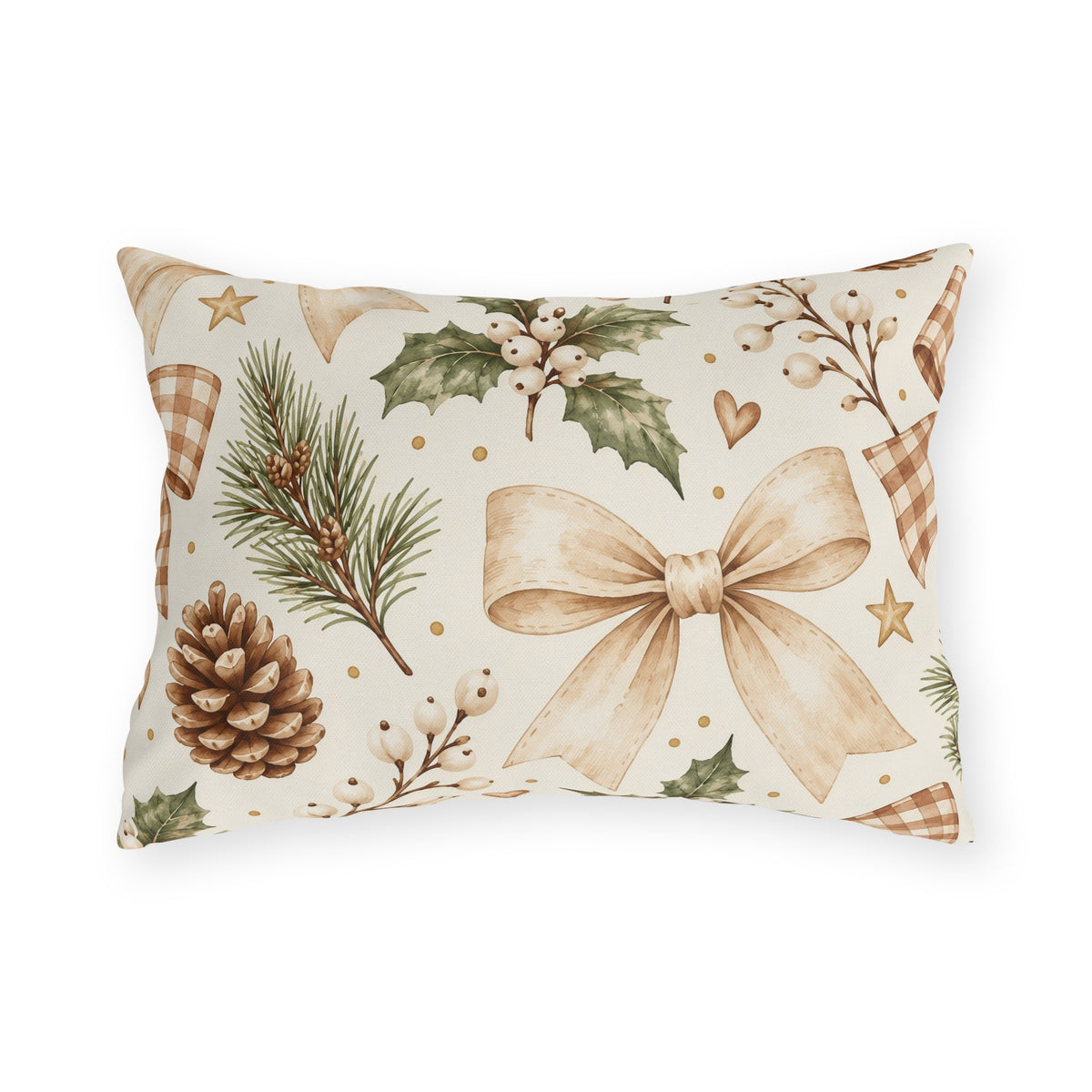 Christmas outdoor lumbar pillow with watercolor pinecones, holly with white berries, pine sprigs and ribbon bows on cream