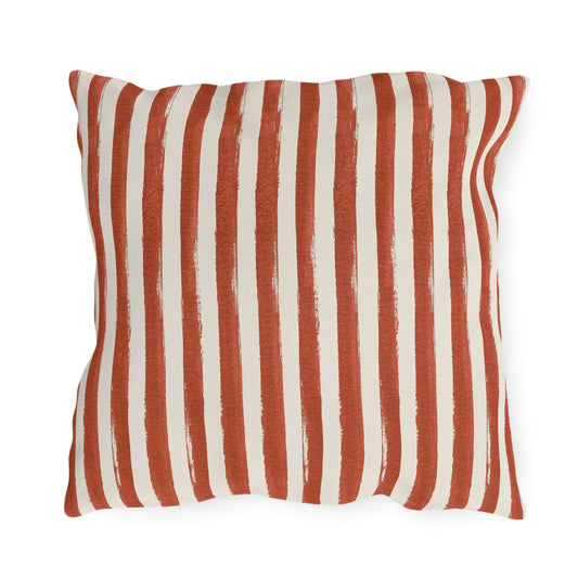 Hand-painted rust terracotta and cream vertical stripe outdoor pillow