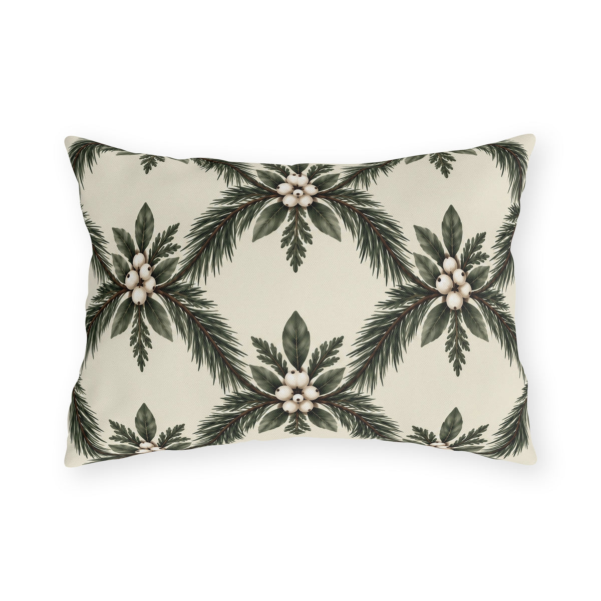 Pine sprays and white berry clusters in a symmetrical lattice on a cream outdoor lumbar pillow