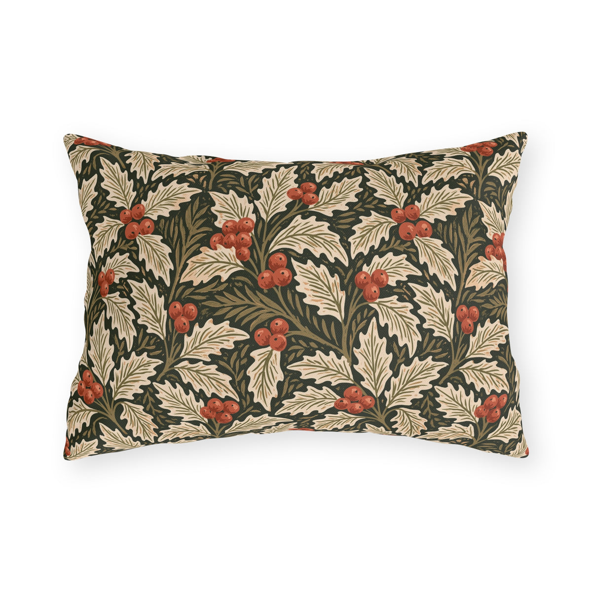 Ivory and olive holly leaves with coral berries on a deep green outdoor lumbar pillow