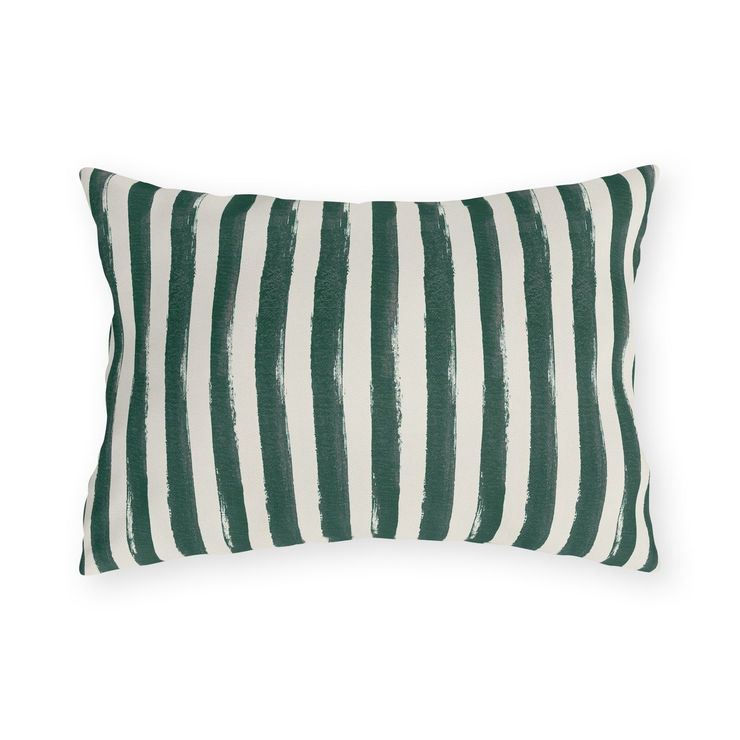 Hand-painted forest green and cream stripe outdoor lumbar pillow