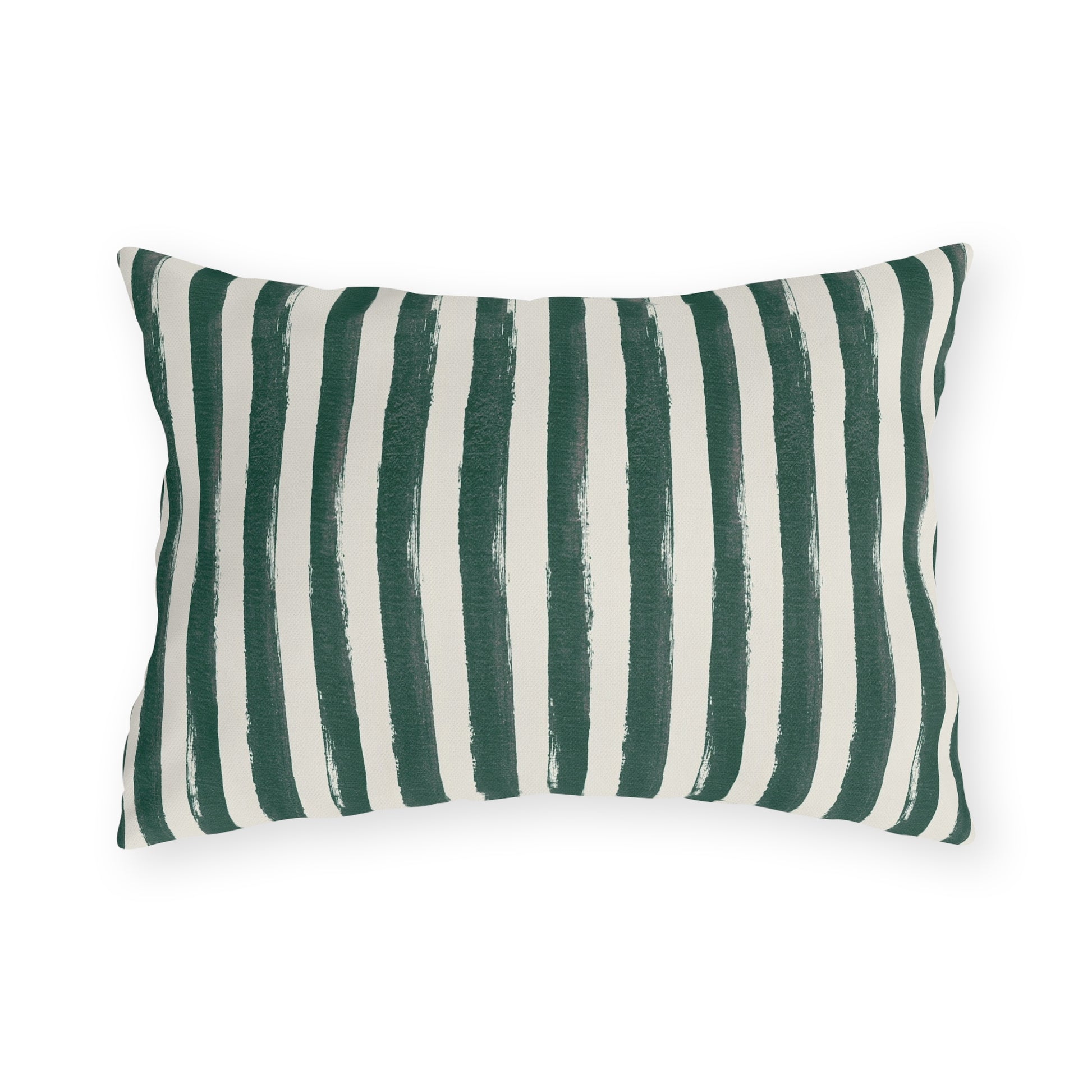Hand-painted forest green and cream stripe outdoor lumbar pillow