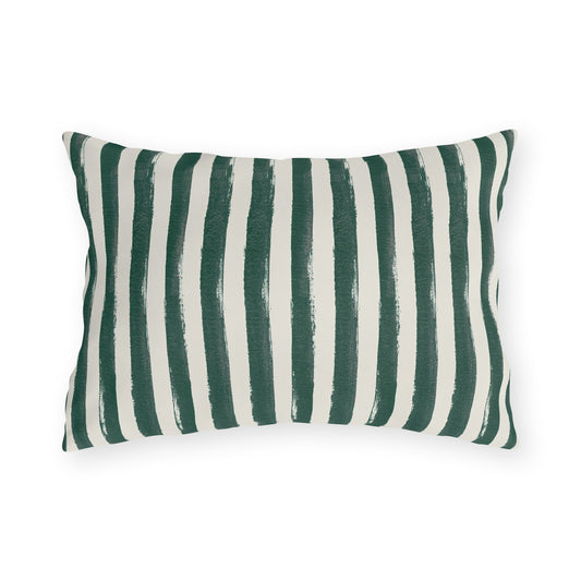 Hand-painted forest green and cream stripe outdoor lumbar pillow