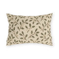 Olive leaves and pale snowberries block printed on a cream outdoor lumbar pillow