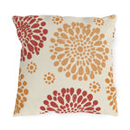 Fall outdoor pillow with block print chrysanthemums in rust red and orange on cream