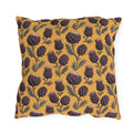 Deep plum artichoke thistles on warm ochre outdoor pillow